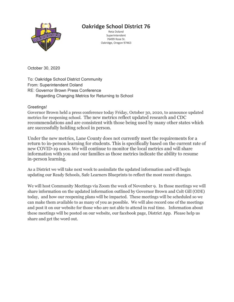 Announcement Update for Reopening Schools