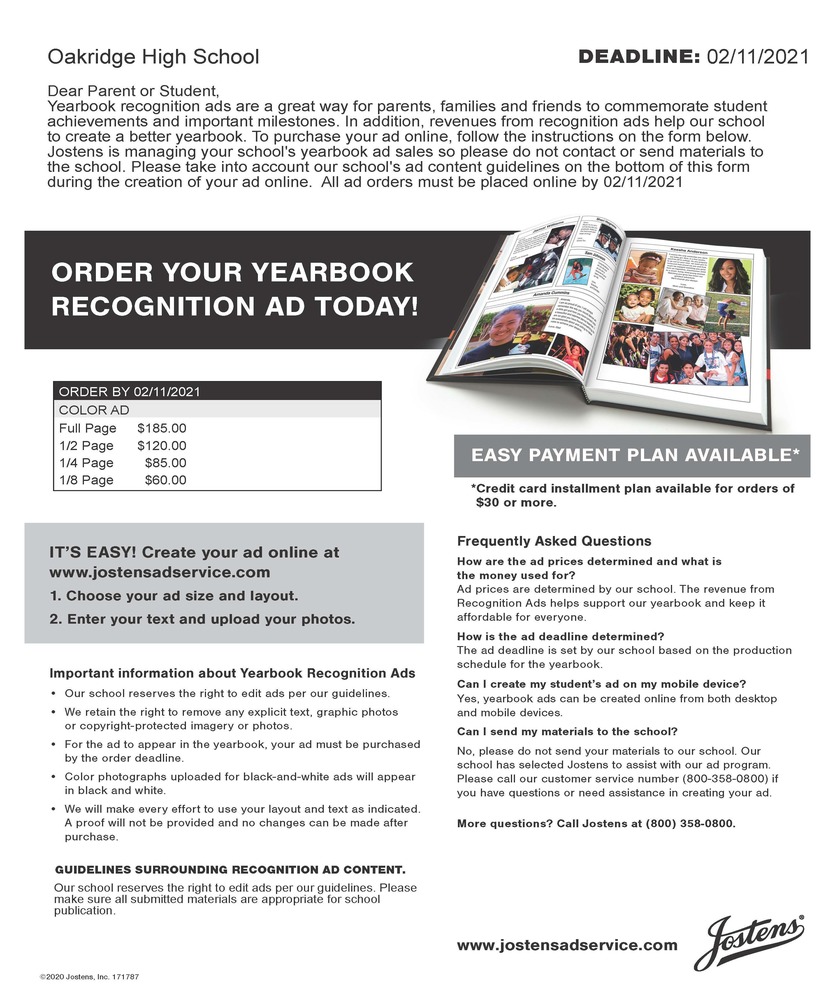 OJSH Order Your Yearbook Ad Today!