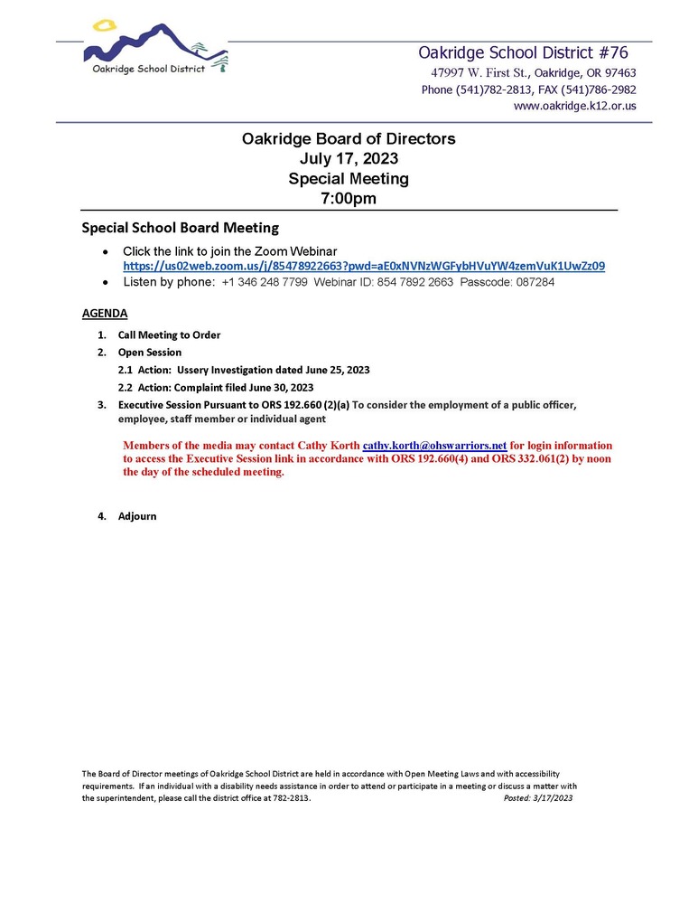 July 17th Special Board Meeting