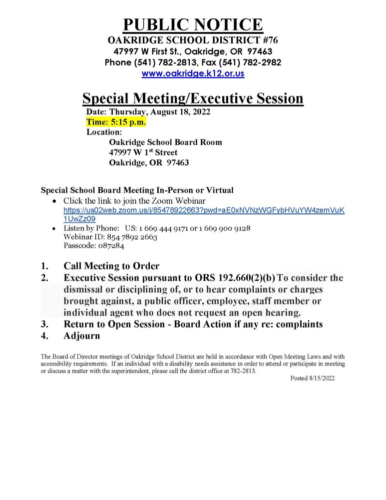 Public Notice Executive Session 8.18.22