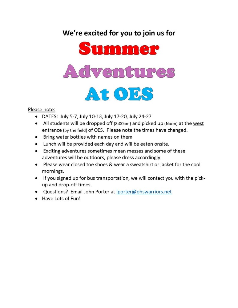 OES Summer Adventures Reminder