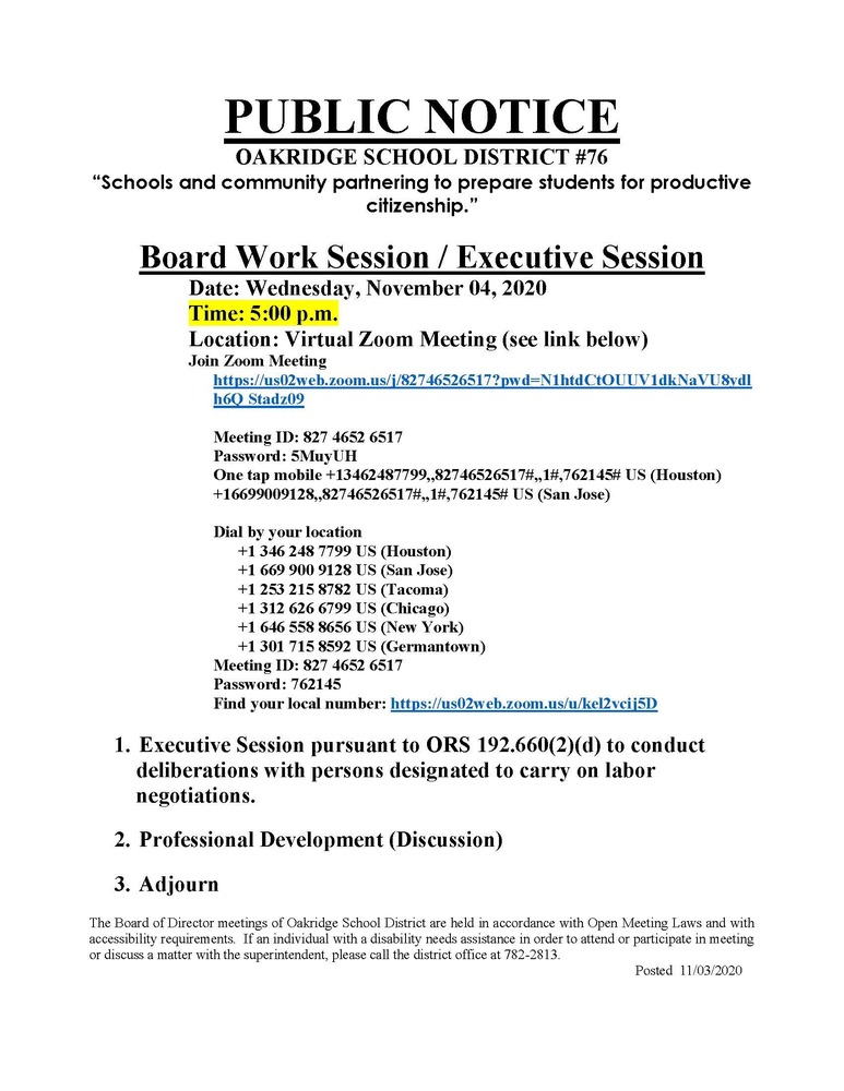 Board Work Session / Executive Session 11/04/2020