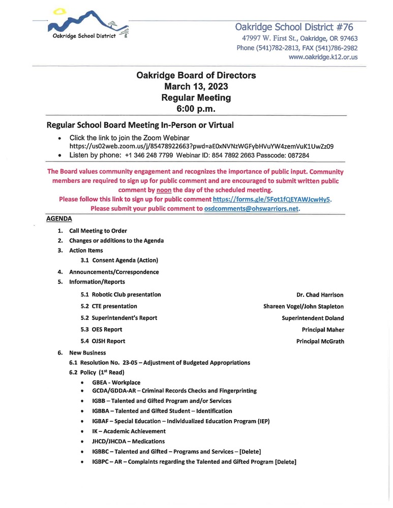 March 13, 2023 Board Meeting