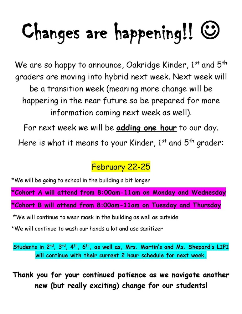OES Changes for Kinder, 1st and 5th Grade