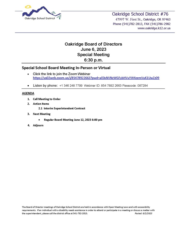 June 6th Special Board Meeting