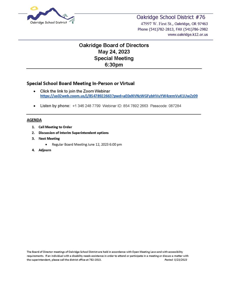 May 24, 2023 Special Meeting Agenda