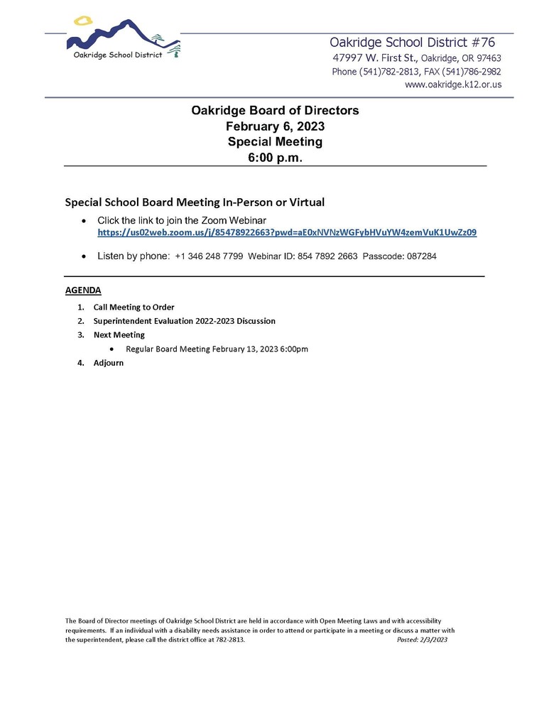 February 6, 2023 6PM Special Board Meeting