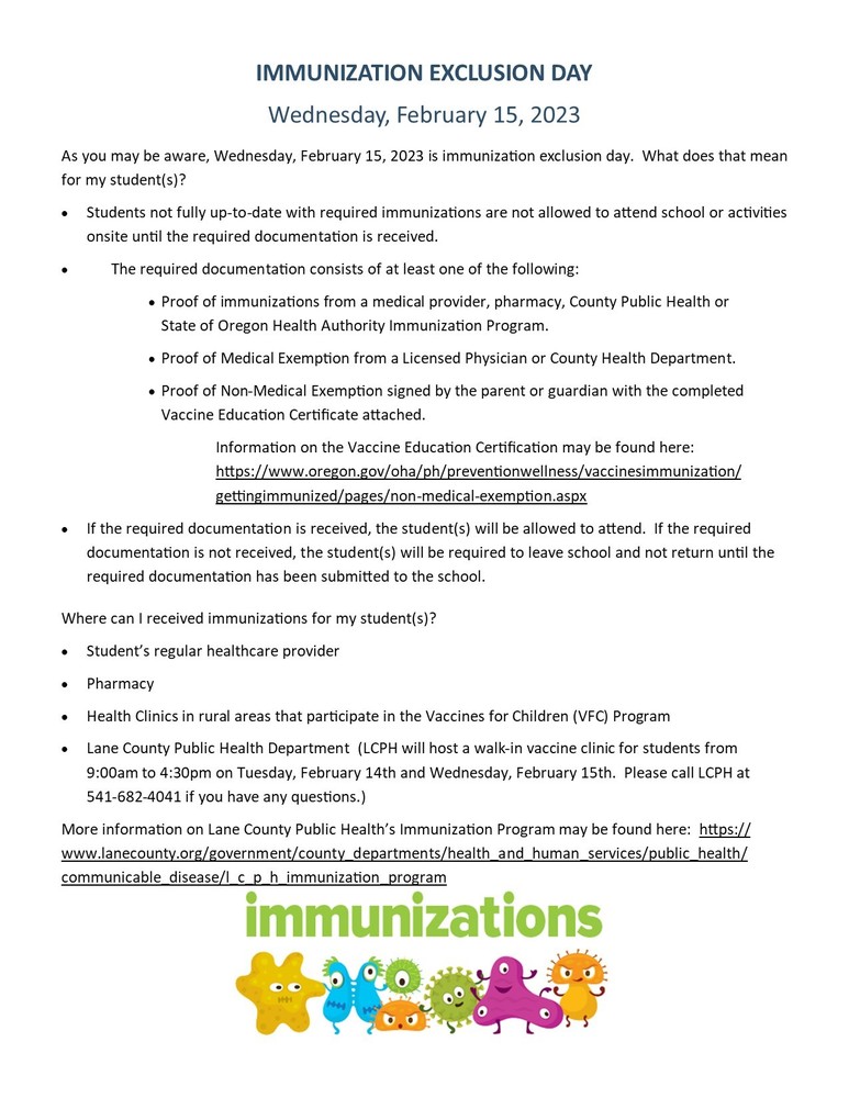 Immunization Exclusion Day Wednesday, February 15, 2023