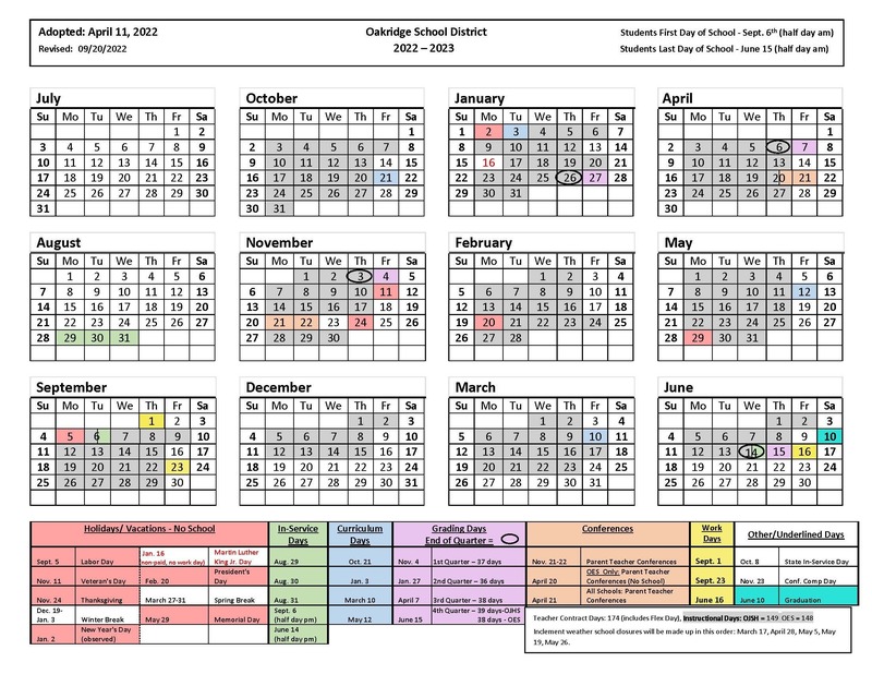 Updated School Calendar Oakridge School District