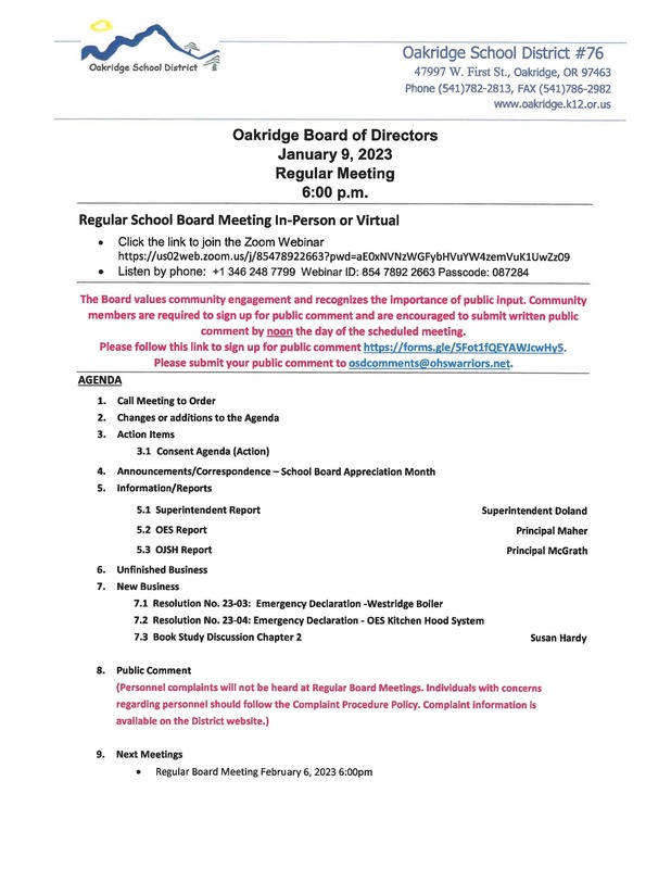 School Board Meeting January 9, 2023